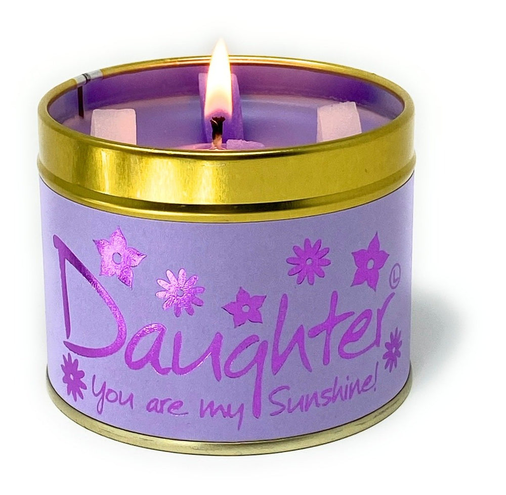 Lily-Flame Daughter scented tin candle with floral design, perfect for home fragrance and cozy ambiance.