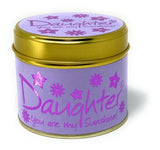 Lily-Flame Daughter scented tin candle, a home fragrance with a decorative floral design on the tin container.