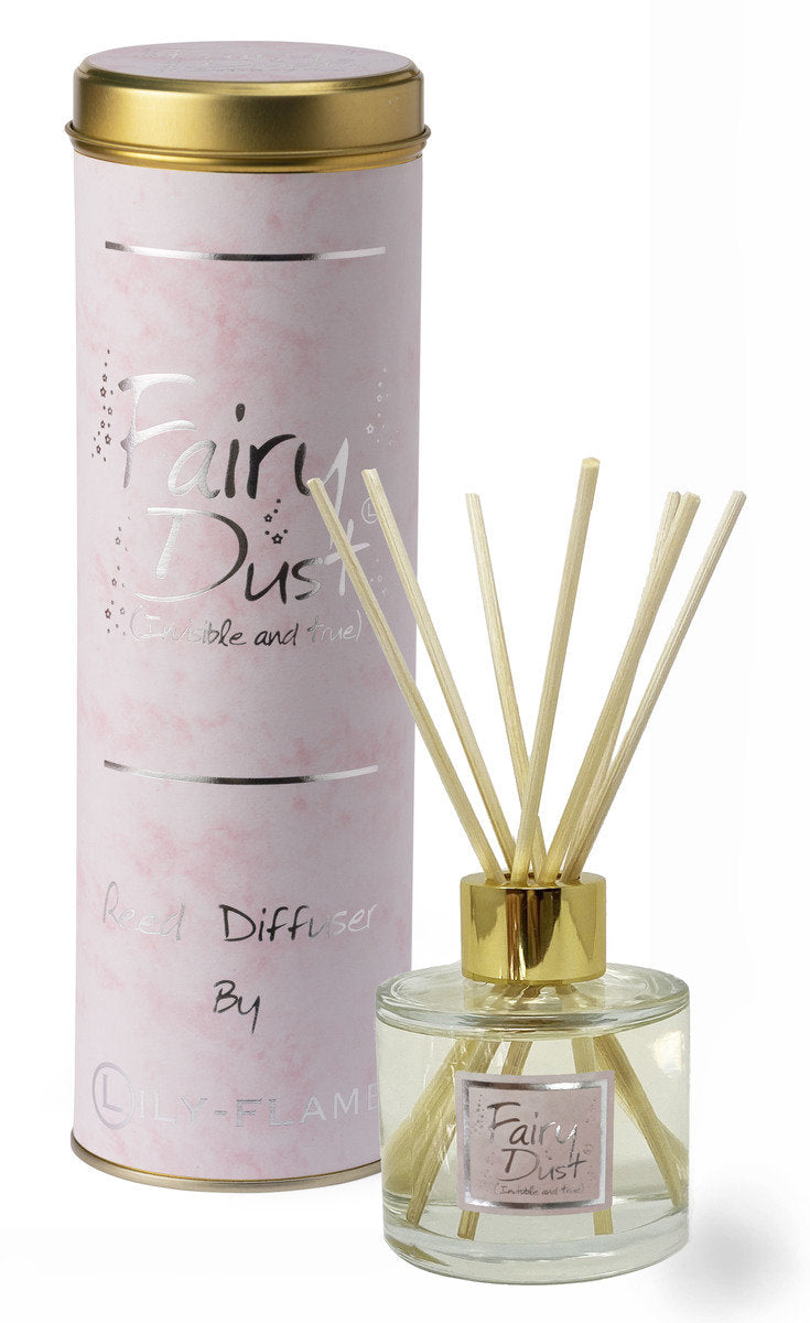 Lily-Flame Fairy Dust Reed Diffuser for home fragrance with decorative bottle and reed sticks, enhances room scent and ambiance.