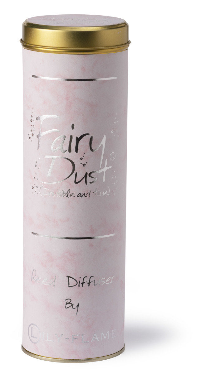 Lily-Flame Fairy Dust Reed Diffuser for home fragrance, featuring elegant glass bottle and reed sticks with floral accents.