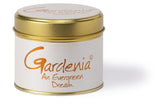 Lily-Flame Gardenia scented tin candle, a home fragrance with a decorative floral design on the metal container.