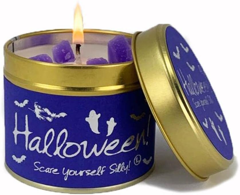 Lily-Flame Halloween scented candle tin with spooky design, ideal for home fragrance and festive decoration.