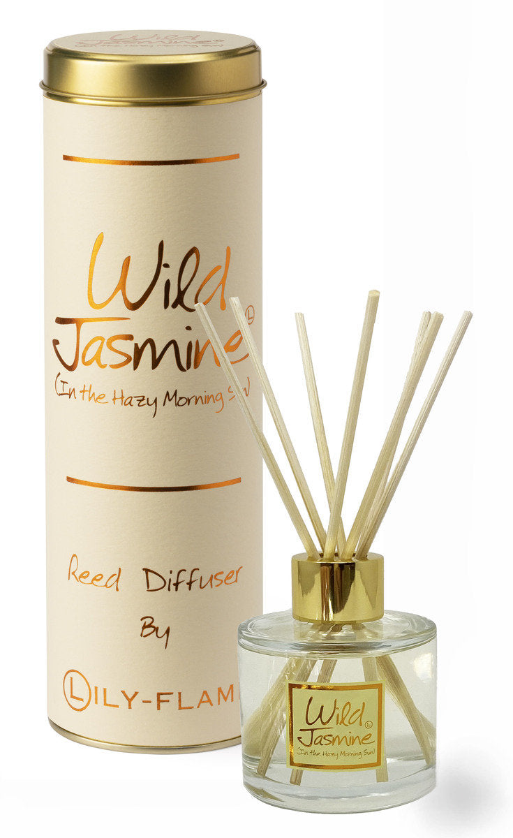 Lily-Flame Wild Jasmine reed diffuser with oil and reeds in a tin for home fragrance.