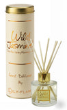 Lily-Flame Wild Jasmine reed diffuser with oil and reeds in a tin for home fragrance.
