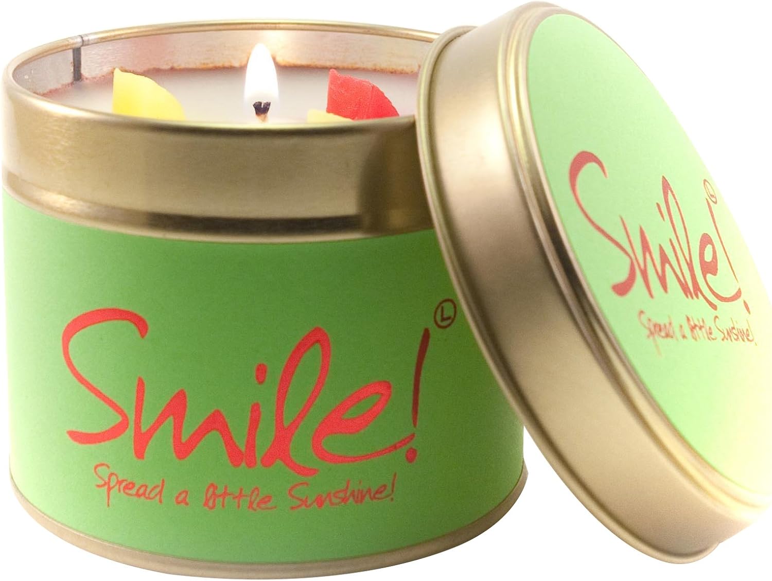 Green Lily-Flame Lily - Flame Smile! tin candle, showcasing a decorative label, perfect for home fragrance and cozy ambiance.