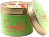 Green Lily-Flame Lily - Flame Smile! tin candle, showcasing a decorative label, perfect for home fragrance and cozy ambiance.