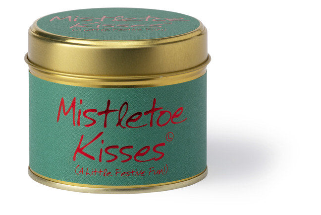 Lily-Flame Mistletoe Kisses scented tin candle with festive holiday design for home fragrance and cozy ambiance.