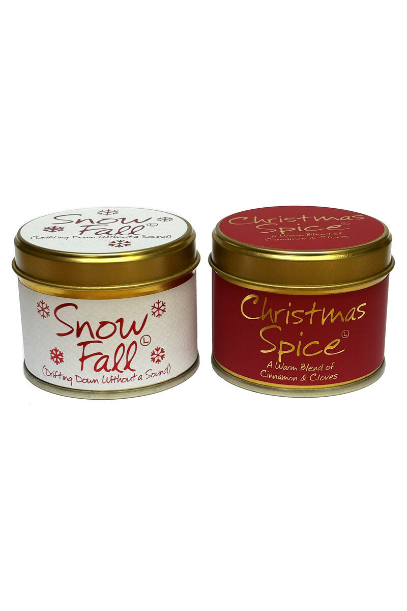Lily-Flame scented mini tin duo gift set featuring Christmas Snowfall and Christmas Spice home fragrances in festive tins.