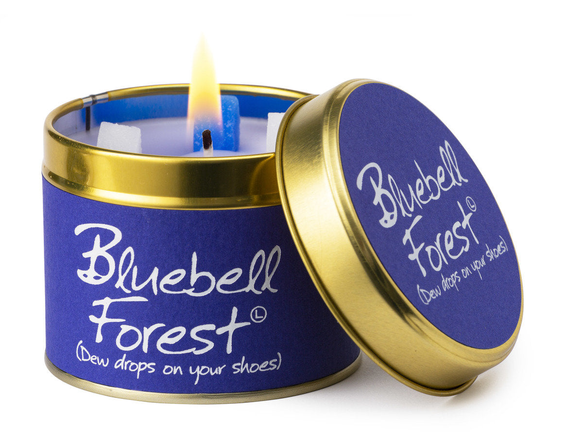 Lily-Flame Bluebell Forest scented tin candle with floral design and bluebell imagery in a compact metal tin.