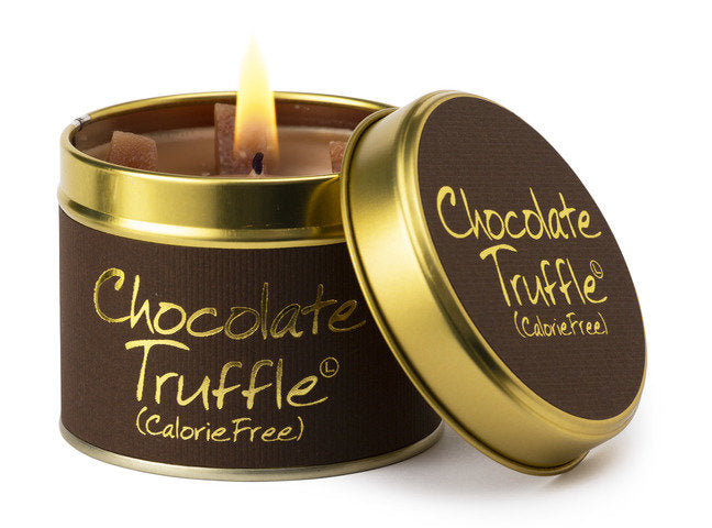Lily-Flame Chocolate Truffle scented candle in a decorative tin, with a warm, inviting chocolate truffle aroma and floral design.
