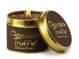 Lily-Flame Chocolate Truffle scented candle in a decorative tin, with a warm, inviting chocolate truffle aroma and floral design.