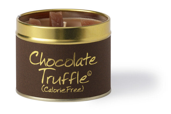 Lily-Flame Chocolate Truffle scented tin candle with a decorative label, perfect for adding a cozy chocolate aroma to your space.