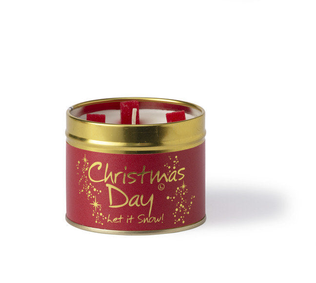 Lily-Flame Christmas Day scented tin candle with festive holiday design and warm winter fragrance.