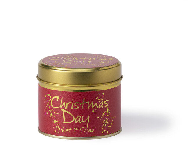 Lily-Flame Christmas Day scented tin candle with festive holiday design and warm candle flame.