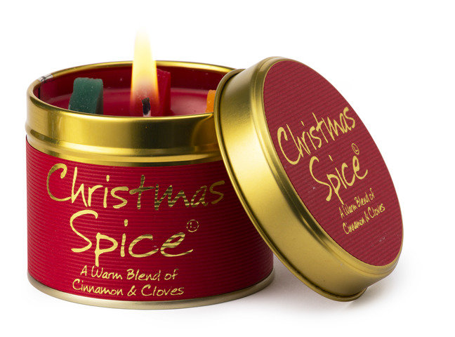 Lily-Flame Christmas Spice scented tin candle with festive red and gold design, showcasing the candle inside the decorative tin.