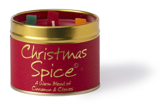 Lily-Flame Christmas Spice scented tin candle with festive holiday design and warm, spicy fragrance in a decorative metal tin