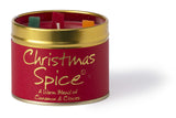 Lily-Flame Christmas Spice scented tin candle with festive holiday design and warm, spicy fragrance in a decorative metal tin