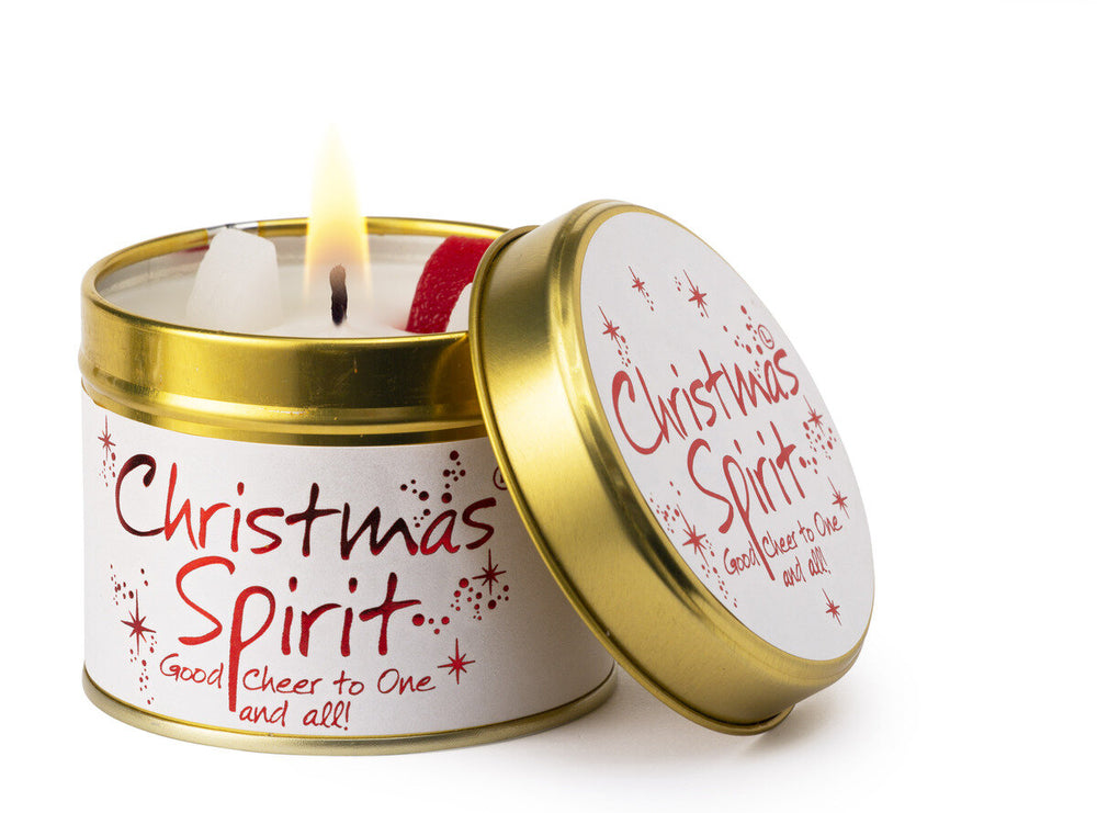 Lily-Flame Christmas Spirit scented tin candle with festive red and gold packaging, perfect for holiday decor and cozy ambiance.
