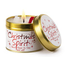 Lily-Flame Christmas Spirit scented tin candle with festive red and gold packaging, perfect for holiday decor and cozy ambiance.