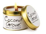 Lily-Flame Coconut Grove scented tin candle with a coconut and tropical floral design on the label.