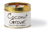 Lily-Flame Coconut Grove scented tin candle with tropical coconut and floral design on the lid.