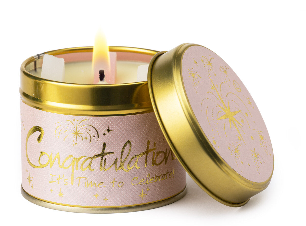 Lily-Flame Congratulations! scented tin candle with decorative label, perfect for gifting or celebrating special occasions.