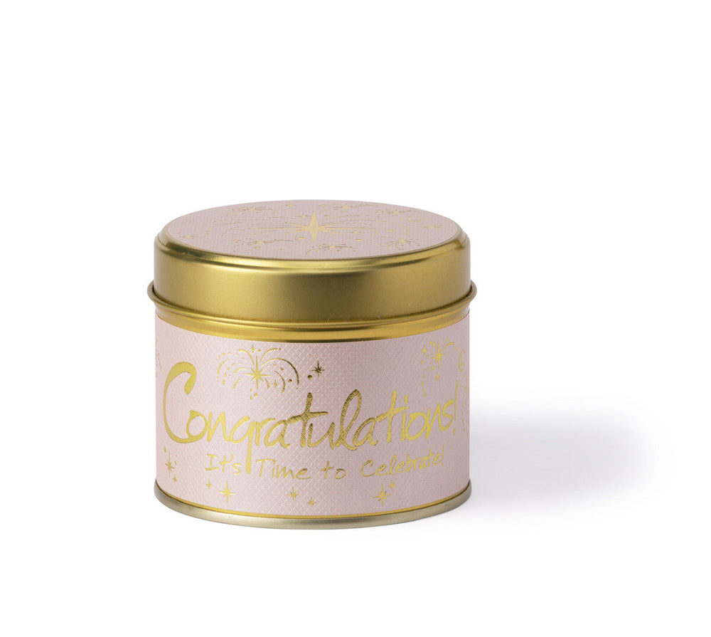 Lily-Flame Congratulations! scented tin candle with a decorative label, perfect for gifting or celebrating special occasions.