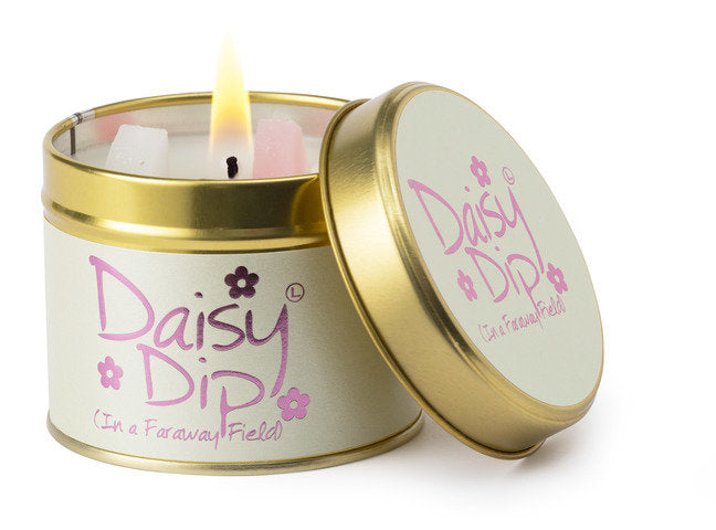 Lily-Flame Daisy Dip scented tin candle with a floral design, perfect for creating a cozy atmosphere.