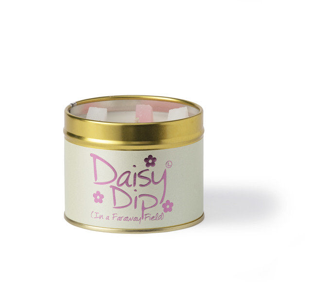 Lily-Flame Daisy Dip scented candle in a tin with a floral daisy design and warm candlelight inside.