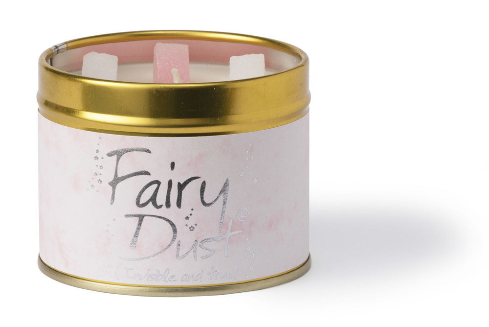 Lily-Flame Fairy Dust scented tin candle with a decorative label and colorful design, perfect for adding ambiance to any space.
