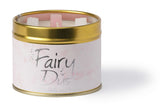 Lily-Flame Fairy Dust scented tin candle with a decorative label and colorful design, perfect for adding ambiance to any space.