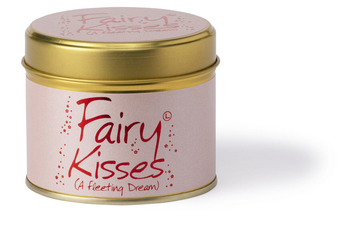 Lily-Flame Fairy Kisses scented tin candle with floral and fairy imagery on the label, ideal for home decor and aromatic ambiance.