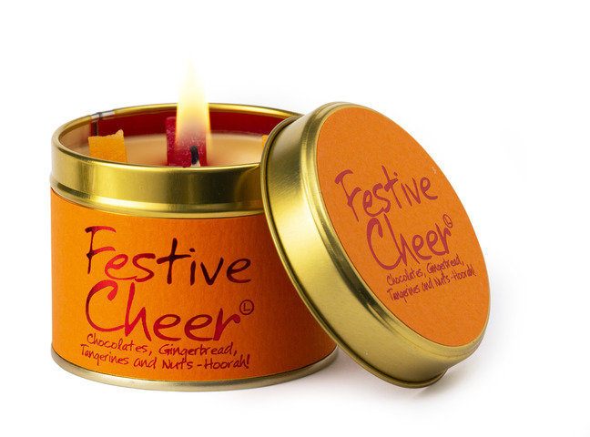 Lily-Flame Festive Cheer scented tin candle with holiday-themed label and metal tin container, ideal for festive home decor.