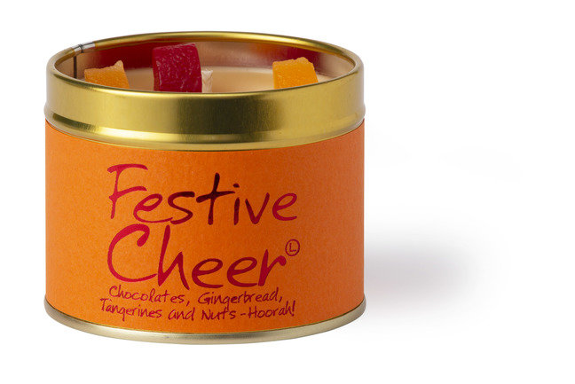 Lily-Flame Festive Cheer scented tin candle with a festive holiday design and wick, ideal for cozy seasonal ambiance.