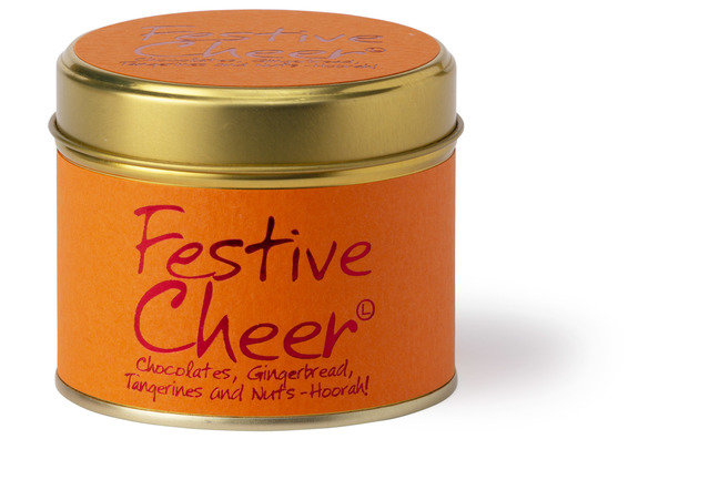 Lily-Flame Festive Cheer scented tin candle with a festive design, perfect for adding warm holiday ambiance.