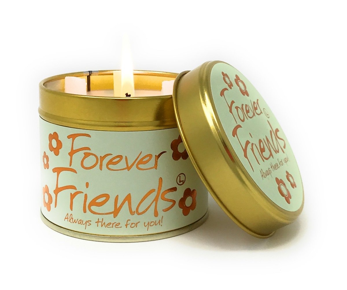 Lily-Flame Forever Friends scented tin candle with floral design and metal lid, perfect for cozy home décor and gifting