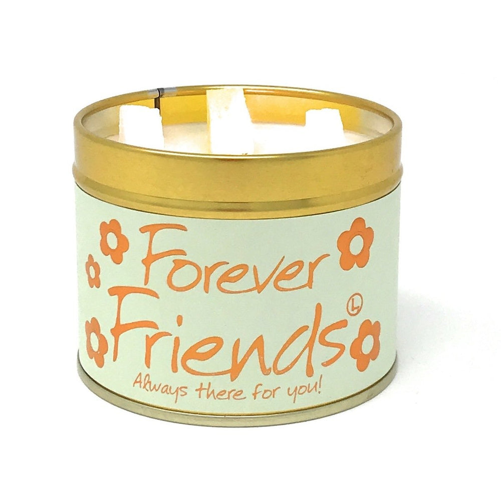 Lily-Flame Forever Friends scented tin candle with floral and friendship-themed design in a compact metal container