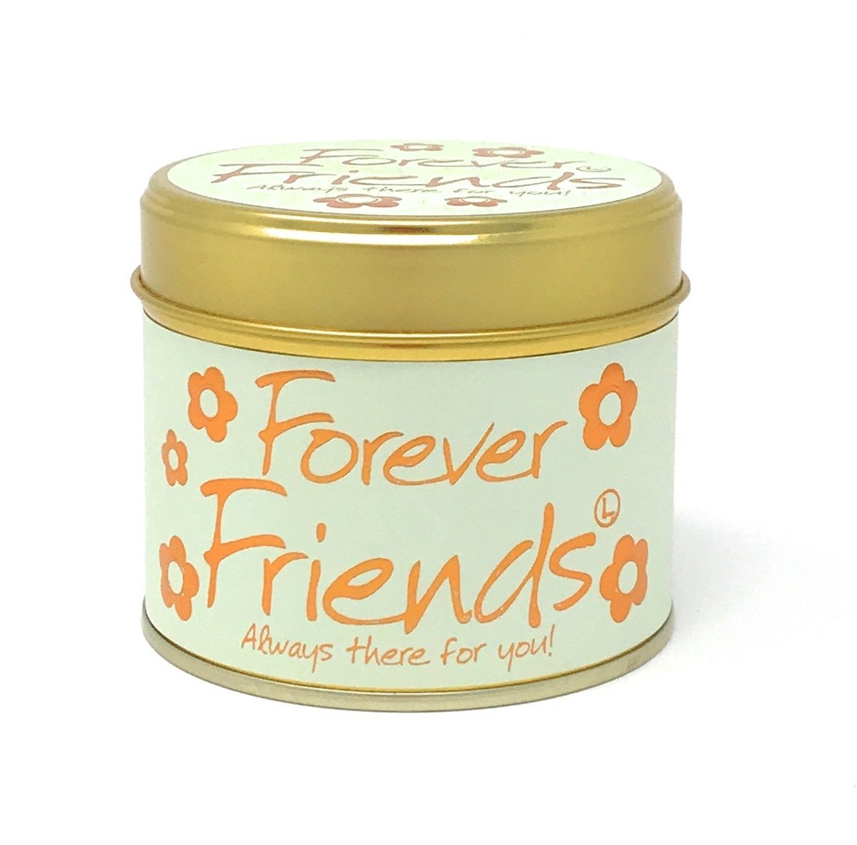 Lily-Flame Forever Friends scented tin candle with floral and friendship-themed design, in a decorative metal container.