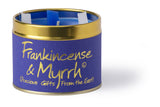 Lily-Flame Frankincense & Myrrh scented tin candle with a decorative label, designed for aromatic home fragrance.