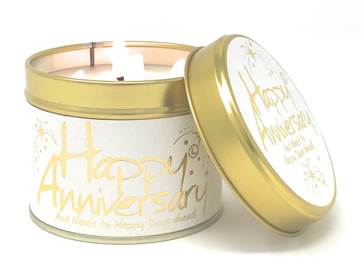 Lily-Flame Happy Anniversary scented tin candle with floral design and warm candlelight.