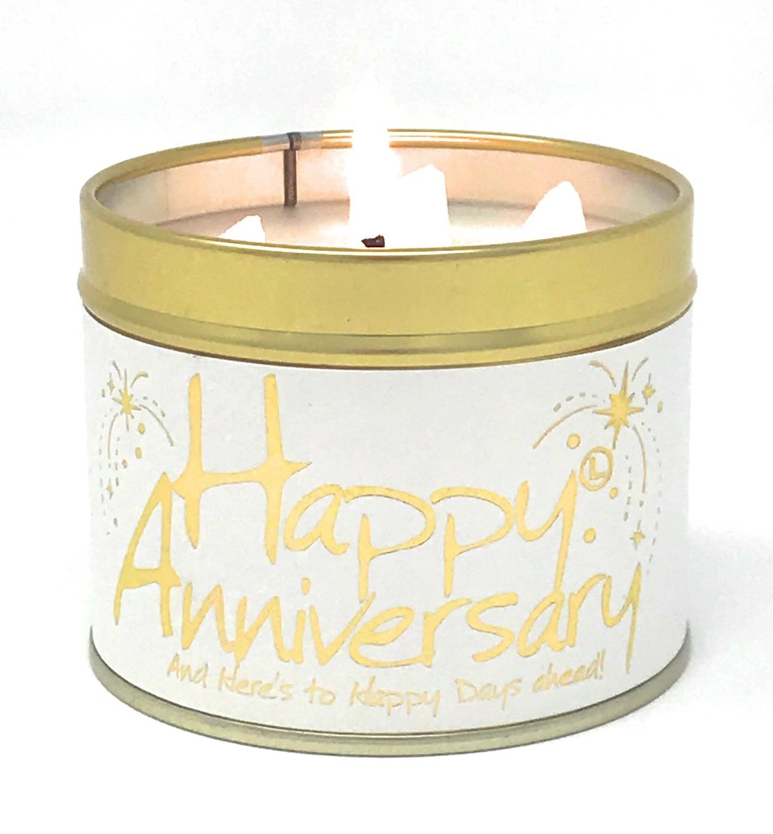 Lily-Flame Happy Anniversary scented tin candle with floral design and warm candle flame, perfect for celebrating special occasions.