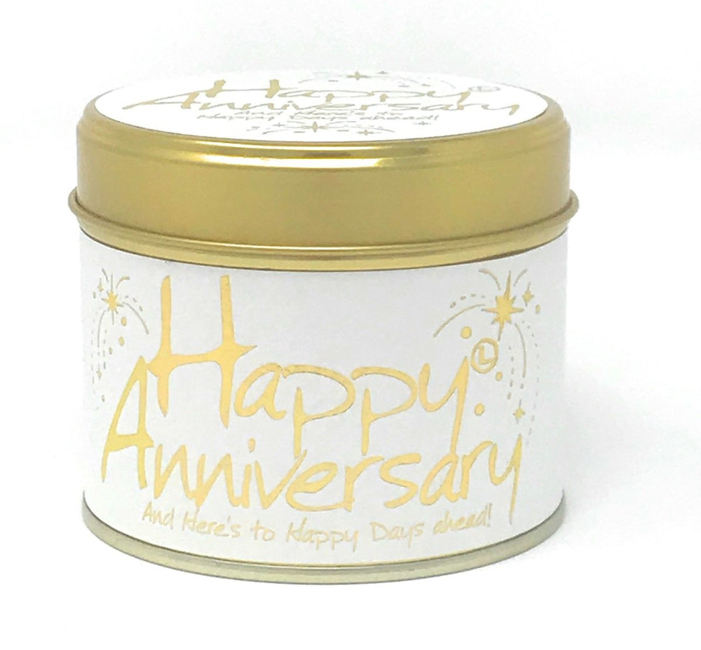 Lily-Flame Happy Anniversary scented tin candle with floral design and golden lid, perfect for celebrating special occasions.
