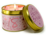 Lily-Flame Happy Birthday 18th scented tin candle with festive birthday design and colorful label, perfect for celebrating milestones