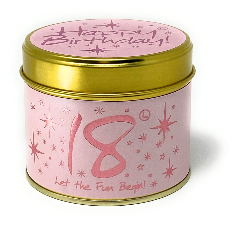 Lily-Flame Happy Birthday 18th scented tin candle with colorful birthday-themed design and floral accents.