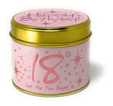 Lily-Flame Happy Birthday 18th scented tin candle with colorful birthday-themed design and floral accents.
