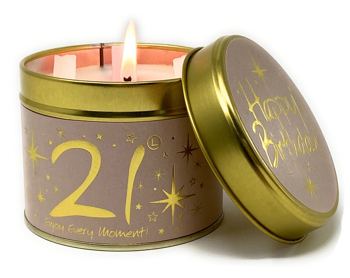 Lily-Flame Happy Birthday 21st scented tin candle with festive label, perfect for celebrating special milestones.