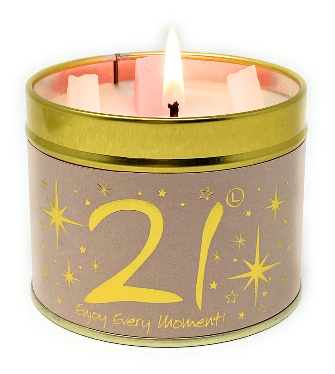 Lily-Flame Happy Birthday 21st scented tin candle with colorful birthday-themed design and blooming floral accents.