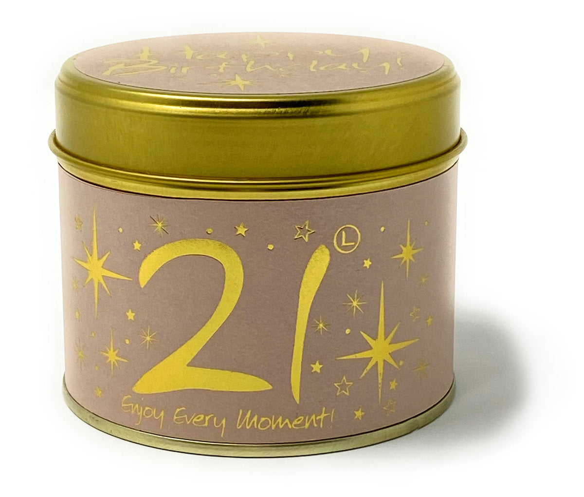 Lily-Flame Happy Birthday 21st scented tin candle with colorful birthday-themed label and decorative packaging.