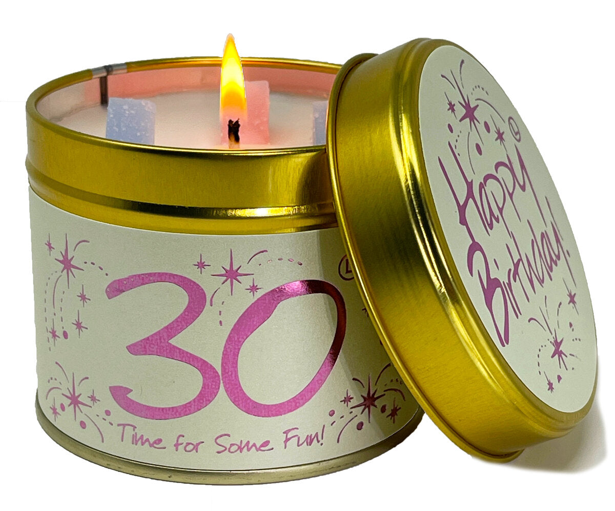 Lily-Flame Happy Birthday 30th scented tin candle with colorful birthday-themed design, perfect for celebrating milestones.