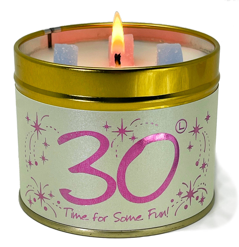 Lily-Flame Happy Birthday 30th scented tin candle with decorative label, perfect for celebrating milestone birthdays.